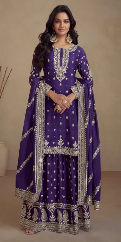 Peaceful Purple Chinon Silk Embroider Work Salwar Suit