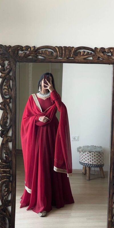FB L226 Red Faux Georgette Gown Perfect for Wedding, Party, Makar Sankranti, Karwa Chauth, Ethnic Day – . Now at just ₹1799. Delivery 4-6 Working D | Gowns, Bollywood Gowns, Creative Gowns, Designer Gowns, Embroidered Gowns, Party Wear Gowns
