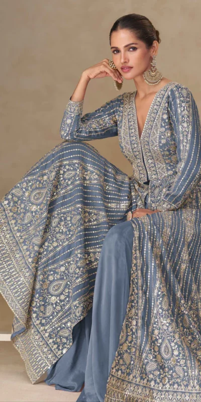 FC 10355 Grey Chinon Silk Salwar Suit with Embroidery Work & Lace Work. Affordable Price ₹3699. Delivery 4-6 Working Days. Shop now. | Jump Suits, Salwar suit, Designer Suits, Casual Suits, Creative suits, Palazzo Suits, Party Wear Suits, Patiala Suits, Straight Suits