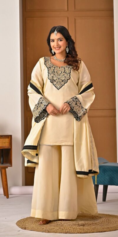 MD 3079 Cream Color Roman Silk Salwar Suit with Embroidery Work. Available at ₹2499 only. Delivery 4-6 Working Days. Shop now. | Jump Suits, Salwar suit, Designer Suits, Casual Suits, Creative suits, Palazzo Suits, Party Wear Suits, Patiala Suits, Straight Suits
