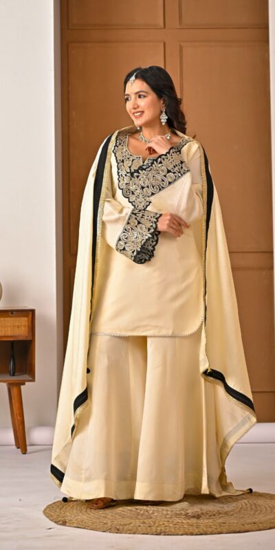 MD 3079 Cream Color Roman Silk Salwar Suit with Embroidery Work. Available at ₹2499 only. Delivery 4-6 Working Days. Shop now. | Jump Suits, Salwar suit, Designer Suits, Casual Suits, Creative suits, Palazzo Suits, Party Wear Suits, Patiala Suits, Straight Suits