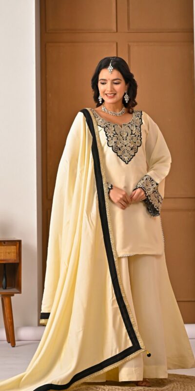 MD 3079 Cream Color Roman Silk Salwar Suit with Embroidery Work. Available at ₹2499 only. Delivery 4-6 Working Days. Shop now. | Jump Suits, Salwar suit, Designer Suits, Casual Suits, Creative suits, Palazzo Suits, Party Wear Suits, Patiala Suits, Straight Suits