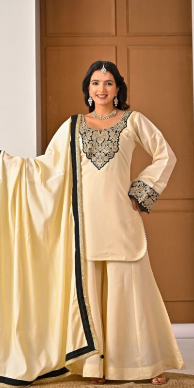 MD 3079 Cream Color Roman Silk Salwar Suit with Embroidery Work. Available at ₹2499 only. Delivery 4-6 Working Days. Shop now. | Jump Suits, Salwar suit, Designer Suits, Casual Suits, Creative suits, Palazzo Suits, Party Wear Suits, Patiala Suits, Straight Suits