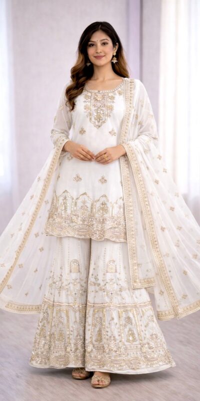 WW 1250 White Faux Georgette With 5 mm Sequence Work Salwar Suit Wedding, Party, Festive, Events Etc. Expected Delivery 4-6 Working Days @2399/- | Jump Suits, Salwar suit, Designer Suits, Casual Suits, Creative suits, Palazzo Suits, Party Wear Suits, Patiala Suits, Straight Suits