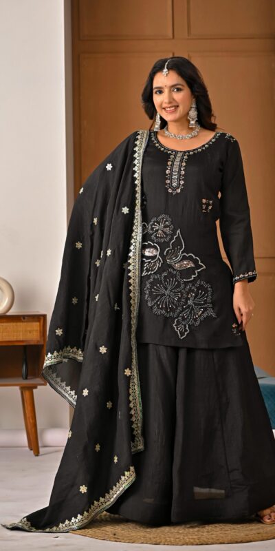 ND 5067 Black Vichitra Silk Salwar Suit with Embroidery Work. Wedding, Party, Festive, Events, Grab it for ₹2399. Delivery 4-6 Working Days. Shop now. | Jump Suits, Salwar suit, Designer Suits, Casual Suits, Creative suits, Palazzo Suits, Party Wear Suits, Patiala Suits, Straight Suits