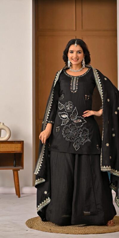 ND 5067 Black Vichitra Silk Salwar Suit with Embroidery Work. Wedding, Party, Festive, Events, Grab it for ₹2399. Delivery 4-6 Working Days. Shop now. | Jump Suits, Salwar suit, Designer Suits, Casual Suits, Creative suits, Palazzo Suits, Party Wear Suits, Patiala Suits, Straight Suits