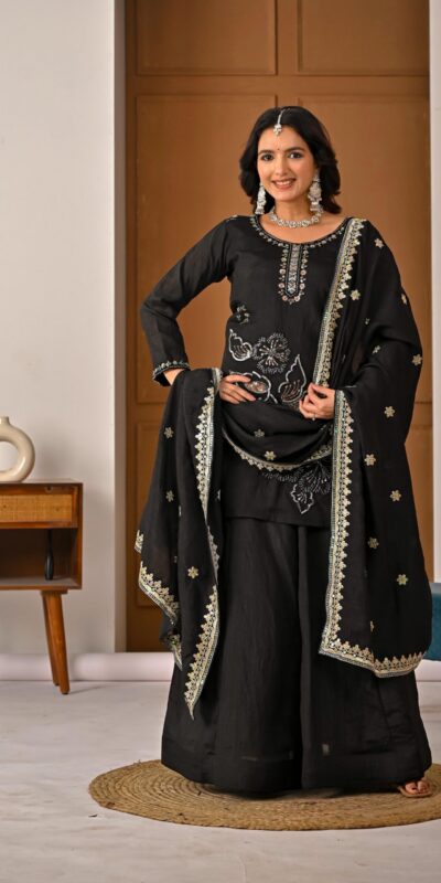 ND 5067 Black Vichitra Silk Salwar Suit with Embroidery Work. Wedding, Party, Festive, Events, Grab it for ₹2399. Delivery 4-6 Working Days. Shop now. | Jump Suits, Salwar suit, Designer Suits, Casual Suits, Creative suits, Palazzo Suits, Party Wear Suits, Patiala Suits, Straight Suits