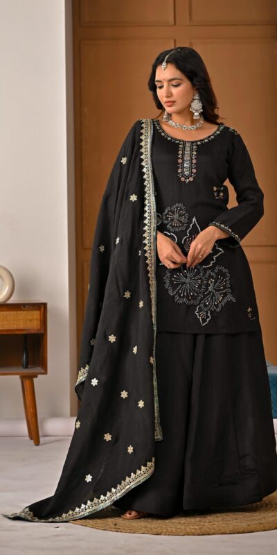 ND 5067 Black Vichitra Silk Salwar Suit with Embroidery Work. Wedding, Party, Festive, Events, Grab it for ₹2399. Delivery 4-6 Working Days. Shop now. | Jump Suits, Salwar suit, Designer Suits, Casual Suits, Creative suits, Palazzo Suits, Party Wear Suits, Patiala Suits, Straight Suits