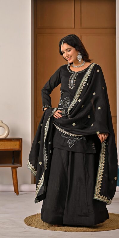 ND 5067 Black Vichitra Silk Salwar Suit with Embroidery Work. Wedding, Party, Festive, Events, Grab it for ₹2399. Delivery 4-6 Working Days. Shop now. | Jump Suits, Salwar suit, Designer Suits, Casual Suits, Creative suits, Palazzo Suits, Party Wear Suits, Patiala Suits, Straight Suits