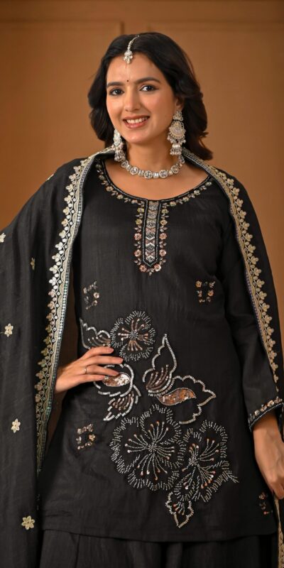ND 5067 Black Vichitra Silk Salwar Suit with Embroidery Work. Wedding, Party, Festive, Events, Grab it for ₹2399. Delivery 4-6 Working Days. Shop now. | Jump Suits, Salwar suit, Designer Suits, Casual Suits, Creative suits, Palazzo Suits, Party Wear Suits, Patiala Suits, Straight Suits
