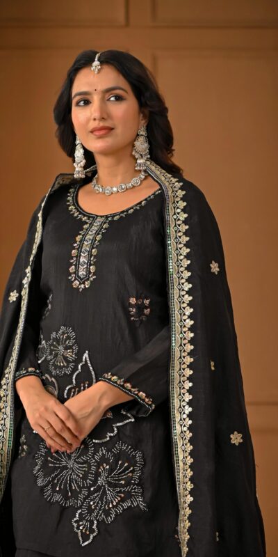 ND 5067 Black Vichitra Silk Salwar Suit with Embroidery Work. Wedding, Party, Festive, Events, Grab it for ₹2399. Delivery 4-6 Working Days. Shop now. | Jump Suits, Salwar suit, Designer Suits, Casual Suits, Creative suits, Palazzo Suits, Party Wear Suits, Patiala Suits, Straight Suits