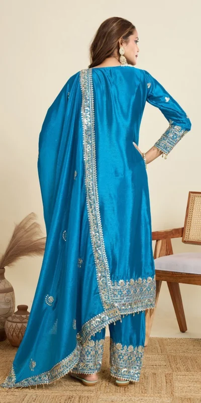 ZD 10020 Blue Chinon Silk Salwar Suit Perfect for Wedding, Party, Ganesh Chaturthi, Baby Shower, Makar Sankranti – . Affordable Price ₹1999. | Jump Suits, Salwar suit, Designer Suits, Casual Suits, Creative suits, Palazzo Suits, Party Wear Suits, Patiala Suits, Straight Suits