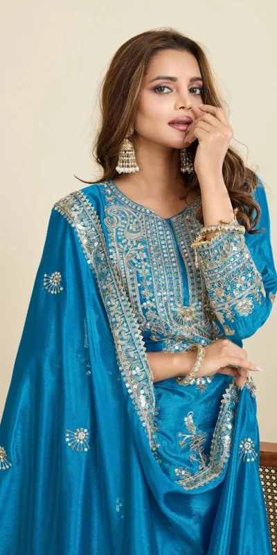 ZD 10020 Blue Chinon Silk Salwar Suit Perfect for Wedding, Party, Ganesh Chaturthi, Baby Shower, Makar Sankranti – . Affordable Price ₹1999. | Jump Suits, Salwar suit, Designer Suits, Casual Suits, Creative suits, Palazzo Suits, Party Wear Suits, Patiala Suits, Straight Suits
