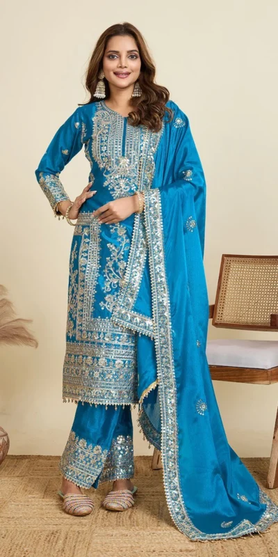 ZD 10020 Blue Chinon Silk Salwar Suit Perfect for Wedding, Party, Ganesh Chaturthi, Baby Shower, Makar Sankranti – . Affordable Price ₹1999. | Jump Suits, Salwar suit, Designer Suits, Casual Suits, Creative suits, Palazzo Suits, Party Wear Suits, Patiala Suits, Straight Suits