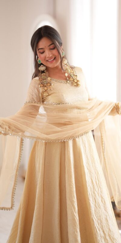 SRK 5355 Off White Doremon Crush Gown with Lace Work & Mirror Work. Exclusive Offer ₹2099. Delivery 4-6 Working Days. Shop now. | Gowns, Bollywood Gowns, Creative Gowns, Designer Gowns, Embroidered Gowns, Party Wear Gowns