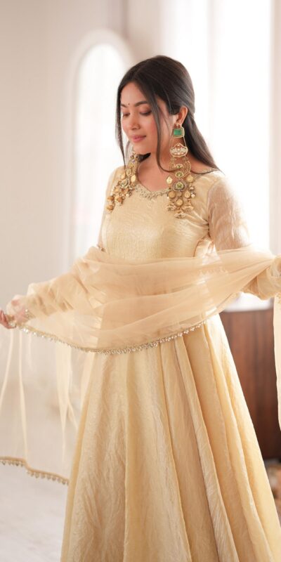 SRK 5355 Off White Doremon Crush Gown with Lace Work & Mirror Work. Exclusive Offer ₹2099. Delivery 4-6 Working Days. Shop now. | Gowns, Bollywood Gowns, Creative Gowns, Designer Gowns, Embroidered Gowns, Party Wear Gowns