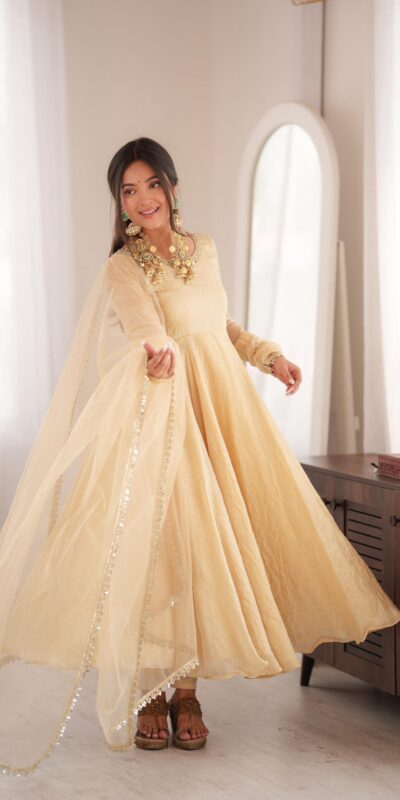SRK 5355 Off White Doremon Crush Gown with Lace Work & Mirror Work. Exclusive Offer ₹2099. Delivery 4-6 Working Days. Shop now. | Gowns, Bollywood Gowns, Creative Gowns, Designer Gowns, Embroidered Gowns, Party Wear Gowns