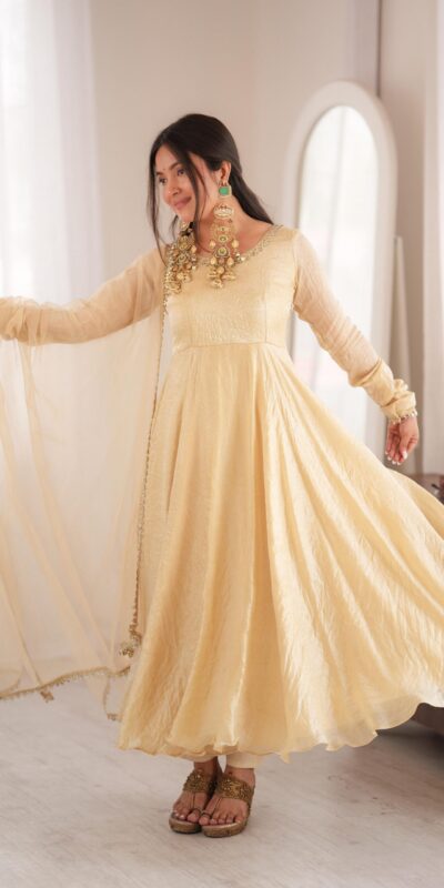 SRK 5355 Off White Doremon Crush Gown with Lace Work & Mirror Work. Exclusive Offer ₹2099. Delivery 4-6 Working Days. Shop now. | Gowns, Bollywood Gowns, Creative Gowns, Designer Gowns, Embroidered Gowns, Party Wear Gowns