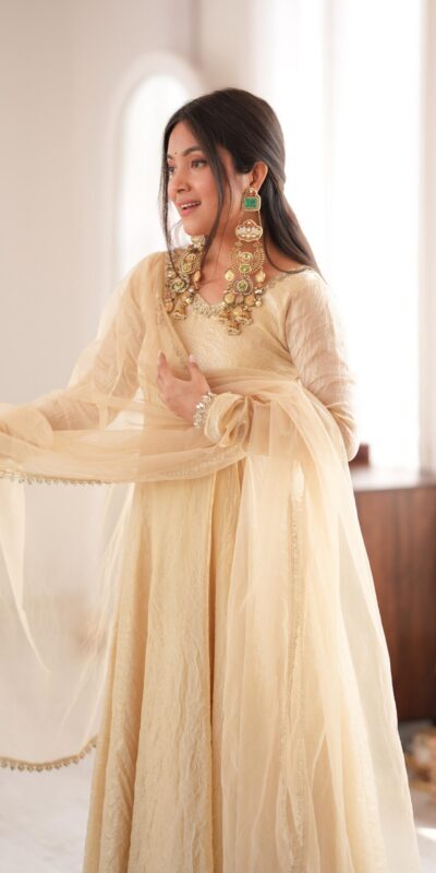 SRK 5355 Off White Doremon Crush Gown with Lace Work & Mirror Work. Exclusive Offer ₹2099. Delivery 4-6 Working Days. Shop now. | Gowns, Bollywood Gowns, Creative Gowns, Designer Gowns, Embroidered Gowns, Party Wear Gowns