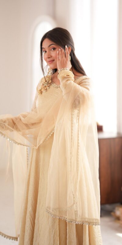 SRK 5355 Off White Doremon Crush Gown with Lace Work & Mirror Work. Exclusive Offer ₹2099. Delivery 4-6 Working Days. Shop now. | Gowns, Bollywood Gowns, Creative Gowns, Designer Gowns, Embroidered Gowns, Party Wear Gowns