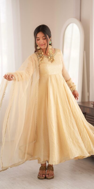 SRK 5355 Off White Doremon Crush Gown with Lace Work & Mirror Work. Exclusive Offer ₹2099. Delivery 4-6 Working Days. Shop now. | Gowns, Bollywood Gowns, Creative Gowns, Designer Gowns, Embroidered Gowns, Party Wear Gowns