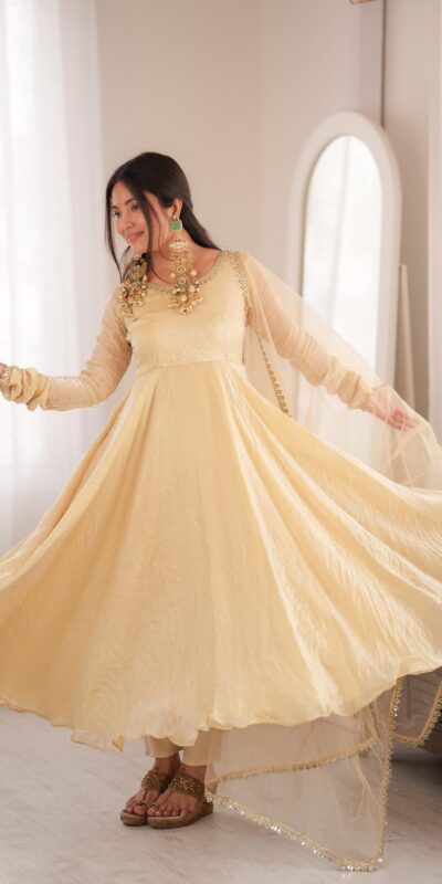 SRK 5355 Off White Doremon Crush Gown with Lace Work & Mirror Work. Exclusive Offer ₹2099. Delivery 4-6 Working Days. Shop now. | Gowns, Bollywood Gowns, Creative Gowns, Designer Gowns, Embroidered Gowns, Party Wear Gowns