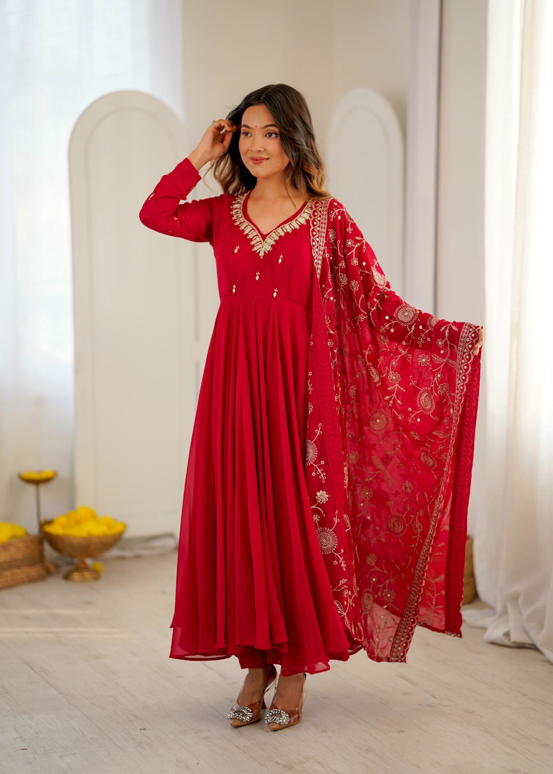 ZF 5025 Red Faux Georgette Gown Perfect for Wedding, Party, Raksha Bandhan, Temple Visit, Onam – . Get it for ₹2149. Delivery 4-6 Working Days. Shop now | Gowns, Bollywood Gowns, Creative Gowns, Designer Gowns, Embroidered Gowns, Party Wear Gowns
