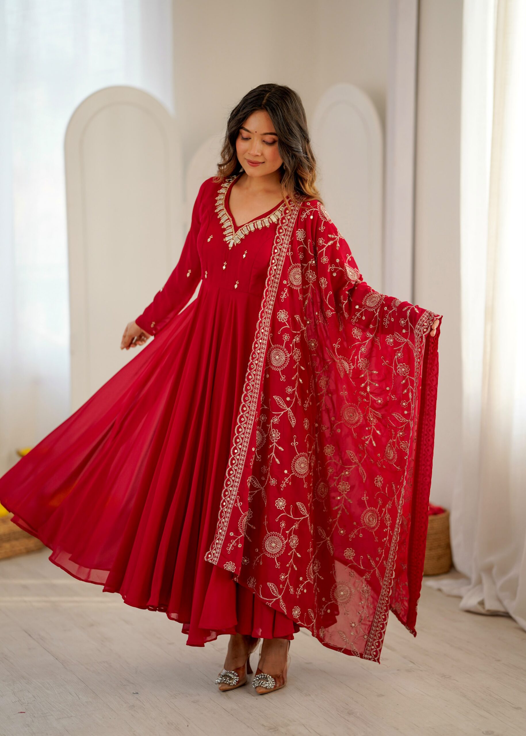 ZF 5025 Red Faux Georgette Gown Perfect for Wedding, Party, Raksha Bandhan, Temple Visit, Onam – . Get it for ₹2149. Delivery 4-6 Working Days. Shop now | Gowns, Bollywood Gowns, Creative Gowns, Designer Gowns, Embroidered Gowns, Party Wear Gowns
