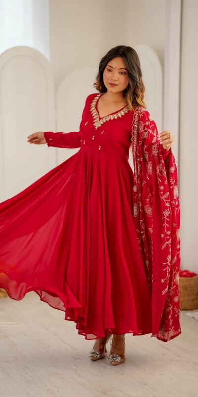 ZF 5025 Red Faux Georgette Gown Perfect for Wedding, Party, Raksha Bandhan, Temple Visit, Onam – . Get it for ₹2149. Delivery 4-6 Working Days. Shop now | Gowns, Bollywood Gowns, Creative Gowns, Designer Gowns, Embroidered Gowns, Party Wear Gowns