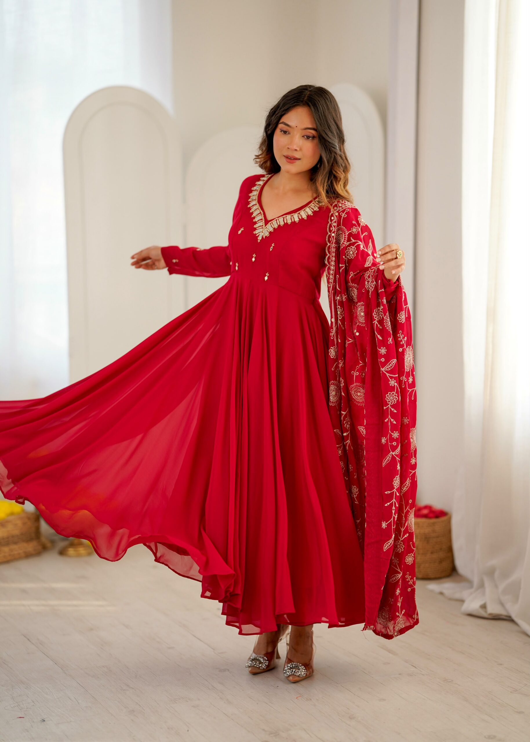 ZF 5025 Red Faux Georgette Gown Perfect for Wedding, Party, Raksha Bandhan, Temple Visit, Onam – . Get it for ₹2149. Delivery 4-6 Working Days. Shop now | Gowns, Bollywood Gowns, Creative Gowns, Designer Gowns, Embroidered Gowns, Party Wear Gowns