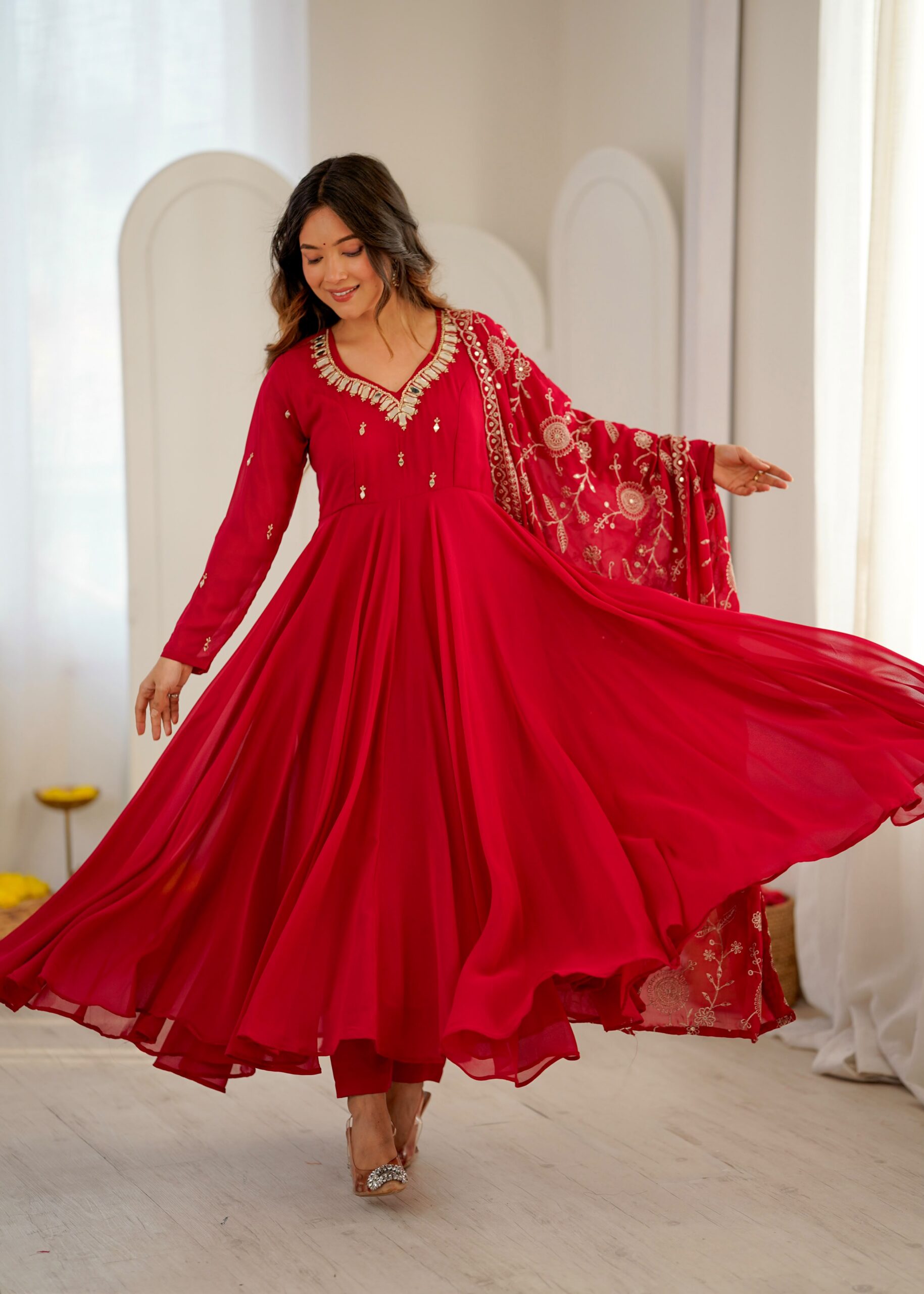 ZF 5025 Red Faux Georgette Gown Perfect for Wedding, Party, Raksha Bandhan, Temple Visit, Onam – . Get it for ₹2149. Delivery 4-6 Working Days. Shop now | Gowns, Bollywood Gowns, Creative Gowns, Designer Gowns, Embroidered Gowns, Party Wear Gowns