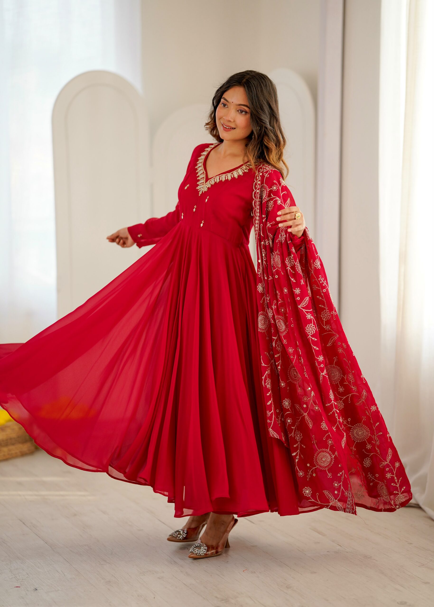 ZF 5025 Red Faux Georgette Gown Perfect for Wedding, Party, Raksha Bandhan, Temple Visit, Onam – . Get it for ₹2149. Delivery 4-6 Working Days. Shop now | Gowns, Bollywood Gowns, Creative Gowns, Designer Gowns, Embroidered Gowns, Party Wear Gowns