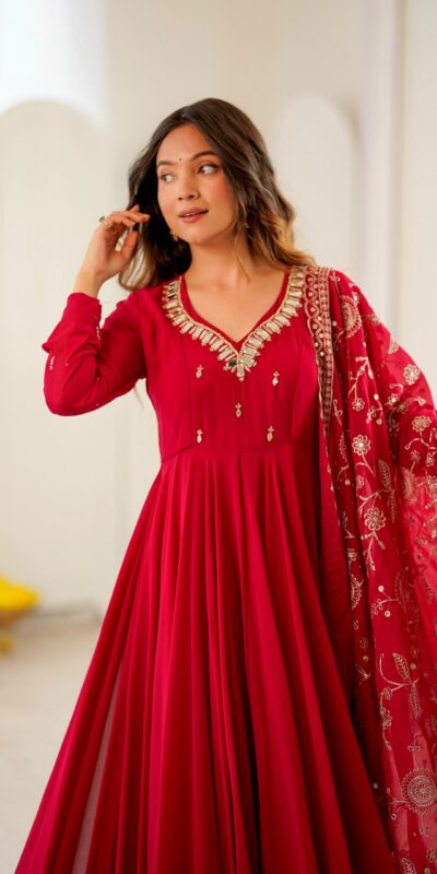 ZF 5025 Red Faux Georgette Gown Perfect for Wedding, Party, Raksha Bandhan, Temple Visit, Onam – . Get it for ₹2149. Delivery 4-6 Working Days. Shop now | Gowns, Bollywood Gowns, Creative Gowns, Designer Gowns, Embroidered Gowns, Party Wear Gowns