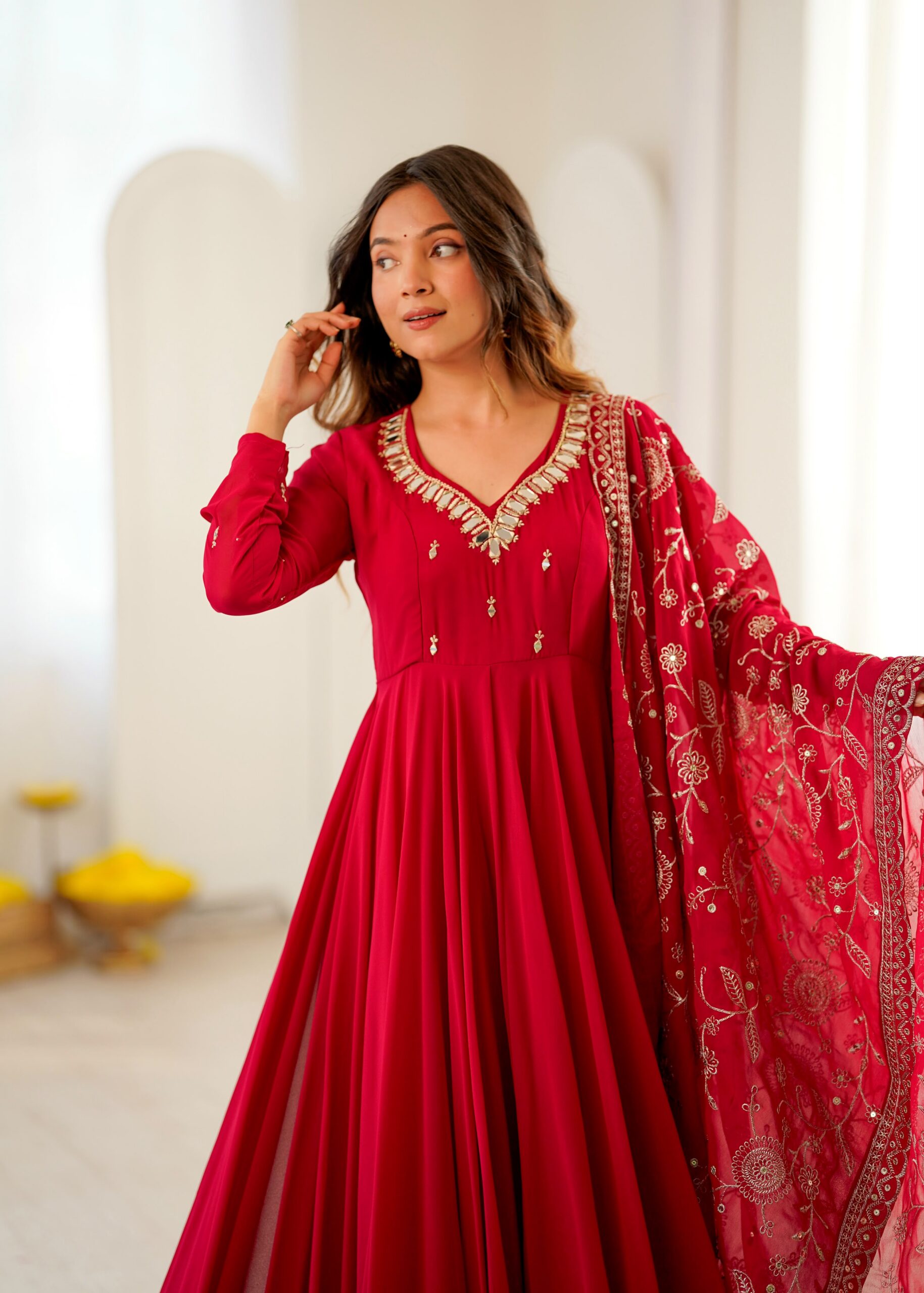 ZF 5025 Red Faux Georgette Gown Perfect for Wedding, Party, Raksha Bandhan, Temple Visit, Onam – . Get it for ₹2149. Delivery 4-6 Working Days. Shop now | Gowns, Bollywood Gowns, Creative Gowns, Designer Gowns, Embroidered Gowns, Party Wear Gowns