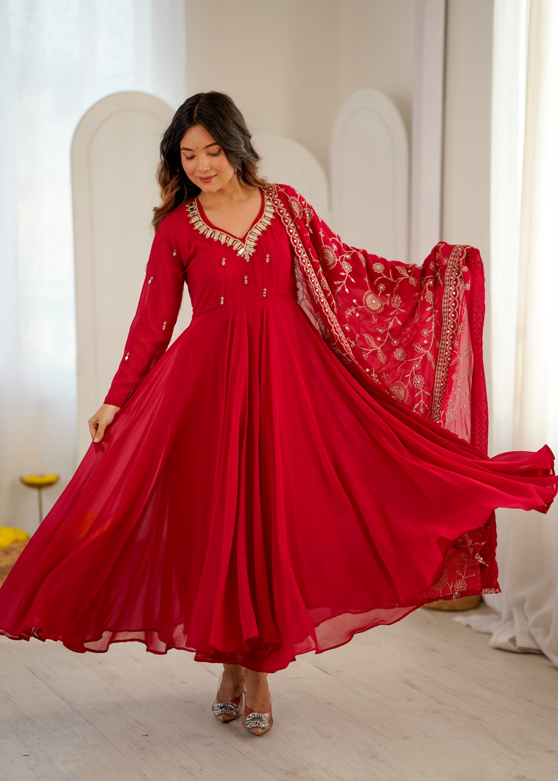 ZF 5025 Red Faux Georgette Gown Perfect for Wedding, Party, Raksha Bandhan, Temple Visit, Onam – . Get it for ₹2149. Delivery 4-6 Working Days. Shop now | Gowns, Bollywood Gowns, Creative Gowns, Designer Gowns, Embroidered Gowns, Party Wear Gowns