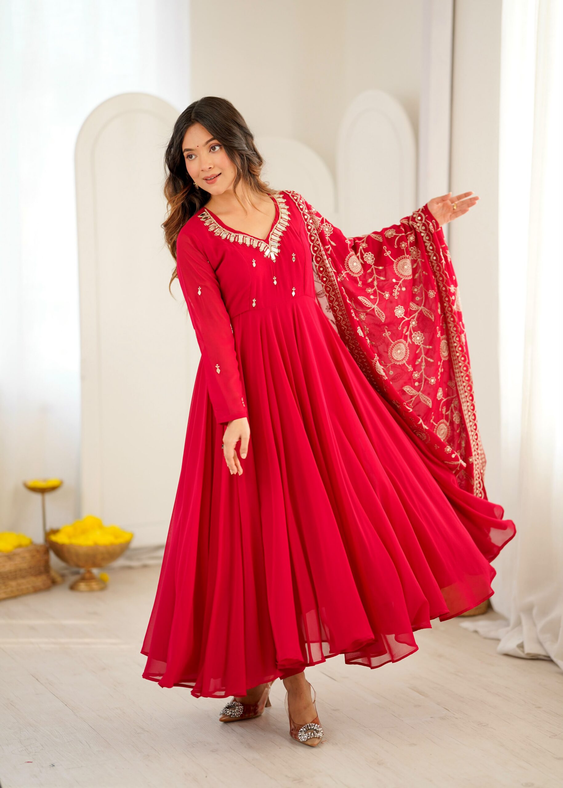 ZF 5025 Red Faux Georgette Gown Perfect for Wedding, Party, Raksha Bandhan, Temple Visit, Onam – . Get it for ₹2149. Delivery 4-6 Working Days. Shop now | Gowns, Bollywood Gowns, Creative Gowns, Designer Gowns, Embroidered Gowns, Party Wear Gowns