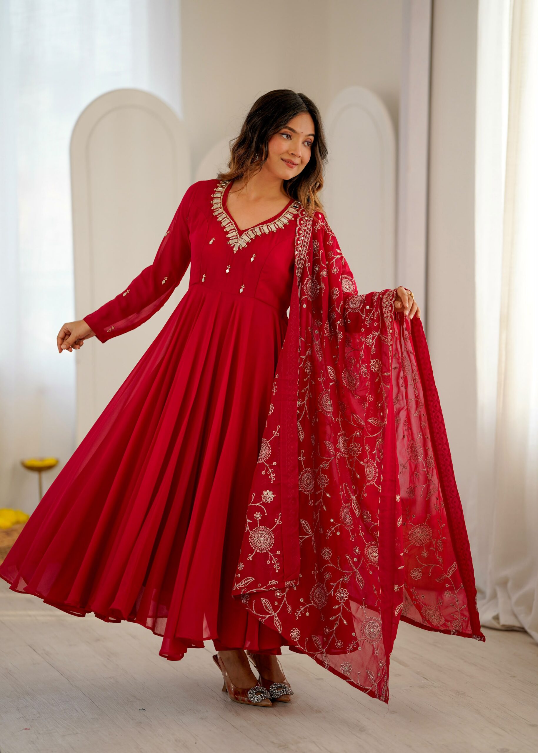 ZF 5025 Red Faux Georgette Gown Perfect for Wedding, Party, Raksha Bandhan, Temple Visit, Onam – . Get it for ₹2149. Delivery 4-6 Working Days. Shop now | Gowns, Bollywood Gowns, Creative Gowns, Designer Gowns, Embroidered Gowns, Party Wear Gowns