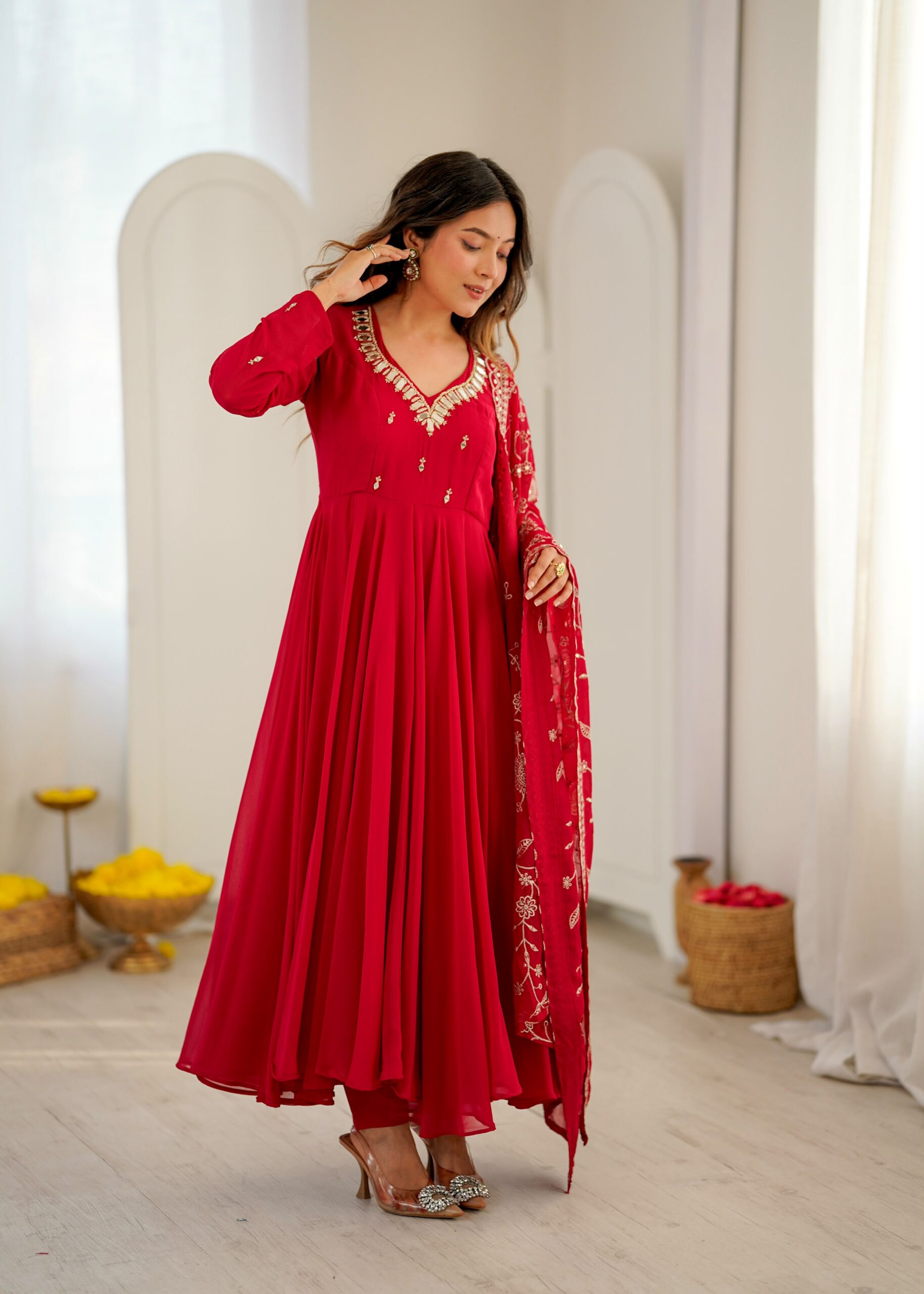 ZF 5025 Red Faux Georgette Gown Perfect for Wedding, Party, Raksha Bandhan, Temple Visit, Onam – . Get it for ₹2149. Delivery 4-6 Working Days. Shop now | Gowns, Bollywood Gowns, Creative Gowns, Designer Gowns, Embroidered Gowns, Party Wear Gowns