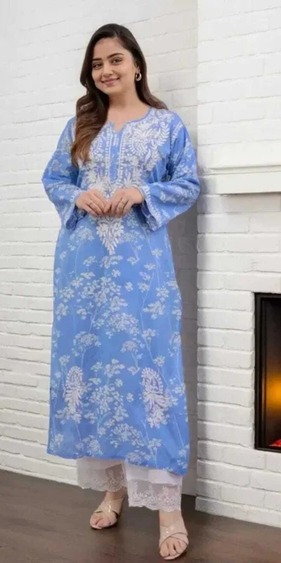 MF 1130 Blue in Colour Poly Cotton Chikenkari Work & Lace Work Kurti . Festive Deal ₹1499. Delivery 4-6 Working Days. Shop now. | Kurti, Bollywood Kurti, Creative Kurtis, Designer Kurti, Party Wear Kurti, Selfie Kurti