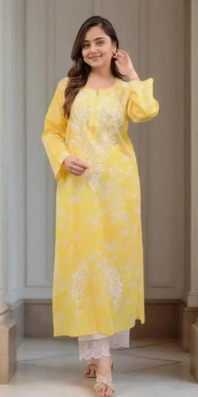MF 1130 Yellow in Colour Poly Cotton Chikenkari Work & Lace Work Kurti . Festive Deal ₹1499. Delivery 4-6 Working Days. Shop now. | Kurti, Bollywood Kurti, Creative Kurtis, Designer Kurti, Party Wear Kurti, Selfie Kurti