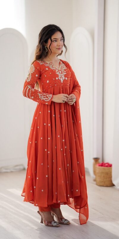 JF 056 Orange Faux Georgette Salwar Suit with Mirror Work & Embroidery Work. Get it for ₹2349. Delivery 4-6 Working Days. Shop now. | Jump Suits, Salwar suit, Designer Suits, Casual Suits, Creative suits, Palazzo Suits, Party Wear Suits, Patiala Suits, Straight Suits