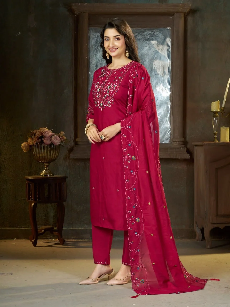 Alluring Pink Marina Silk Thread Work Salwar Suit - Image 3