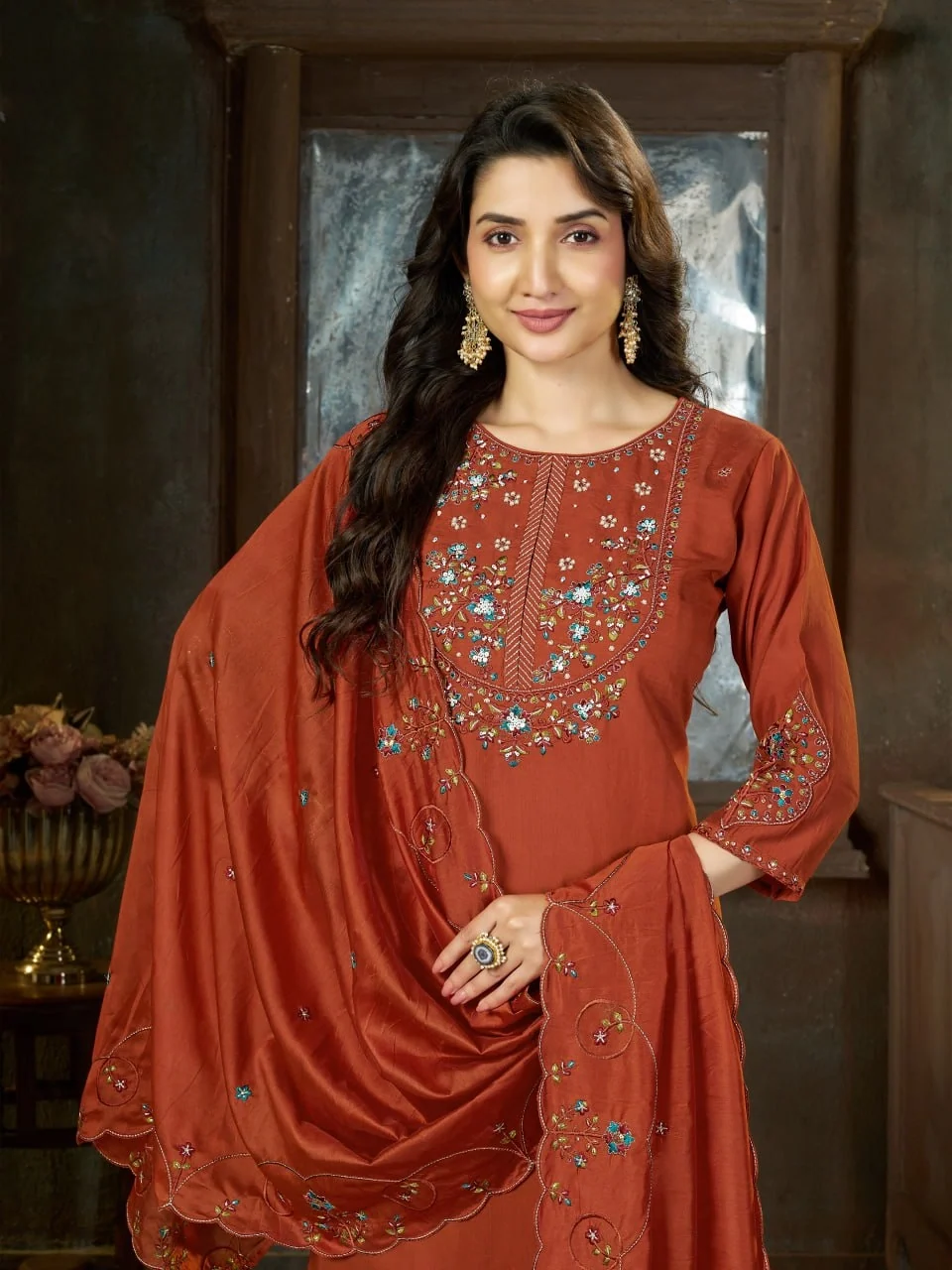 Alluring Rust Marina Silk Thread Work Salwar Suit - Image 5