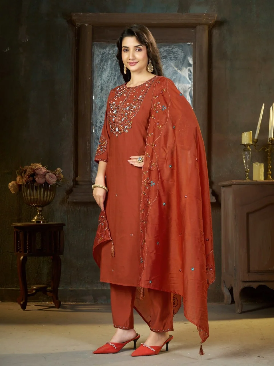 Alluring Rust Marina Silk Thread Work Salwar Suit - Image 4