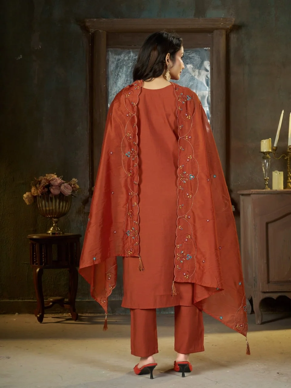 Alluring Rust Marina Silk Thread Work Salwar Suit - Image 3