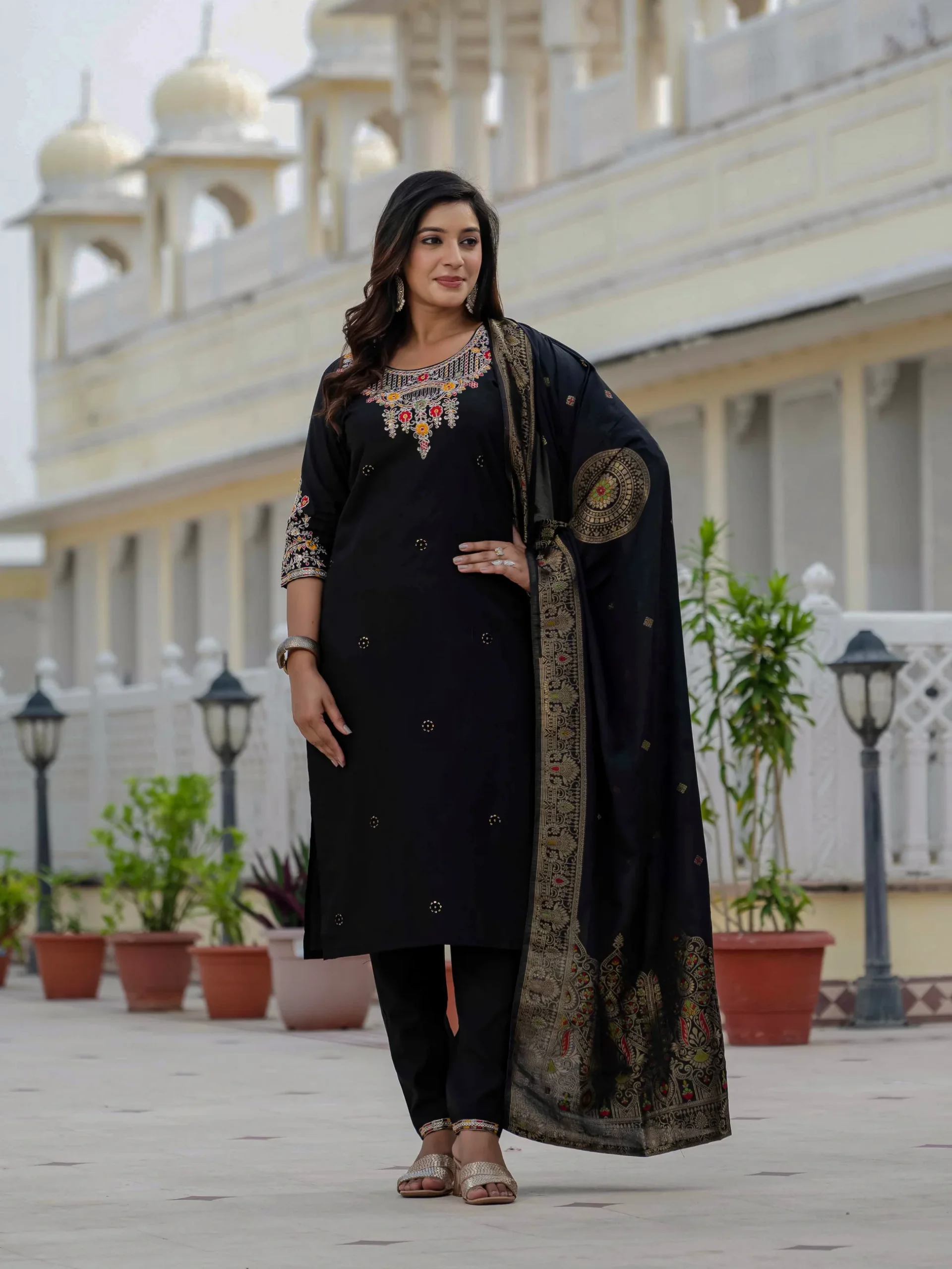 Nice Black Roman Silk Sequins Work Salwar Suit - Image 5