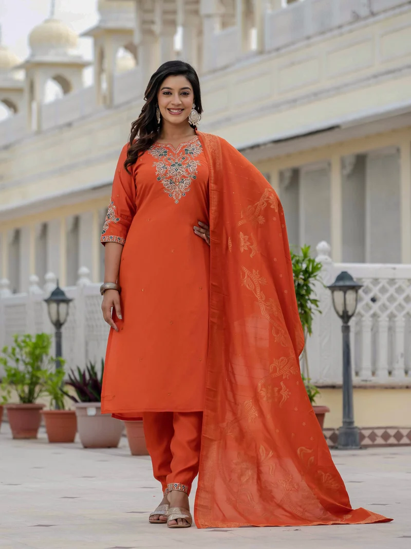 Nice Orange Roman Silk Sequins Work Salwar Suit - Image 4