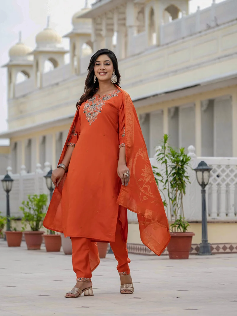 Nice Orange Roman Silk Sequins Work Salwar Suit - Image 3