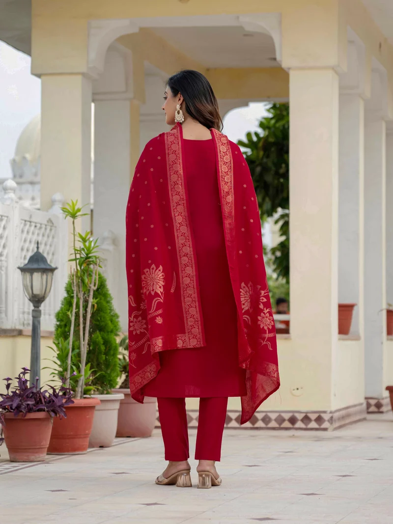 Nice Red Roman Silk Sequins Work Salwar Suit - Image 3