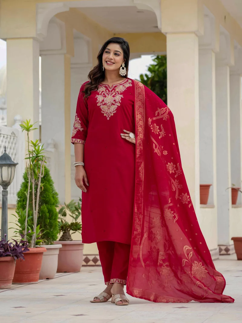 Nice Red Roman Silk Sequins Work Salwar Suit - Image 2